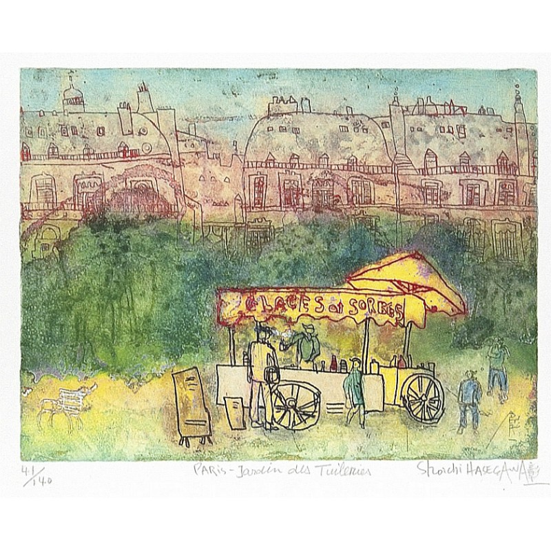 Shoichi Hasegawa "Paris - Jardin des Tuileries" Original Bild im Handwerk der Radierung hergestellt
