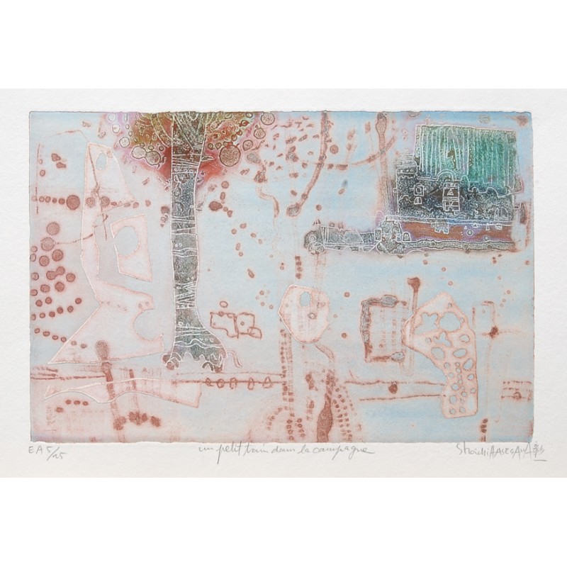Shoichi Hasegawa "Un petit train dans la campagne" Original Bild im Handwerk der Radierung hergestellt