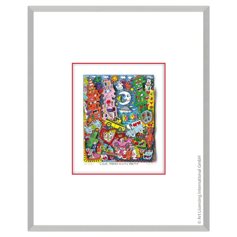 Rahmungsbeispiel Alu-Seidenmatt für das Original 3D-Bild von James Rizzi "Loves makes a city pretty"