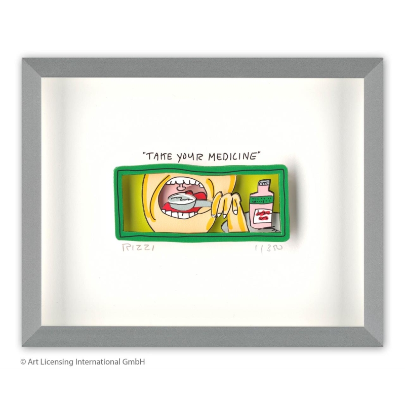 James Rizzi Original 3D Bild kaufen Take your Medicine inkl. Rahmen Alu-Seidenmatt
