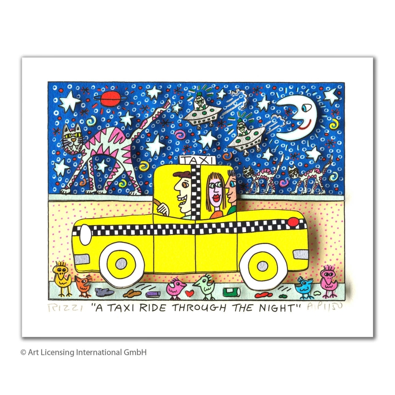 Zertifiziert: James Rizzi 3D Original Bild * A taxi ride through the night *