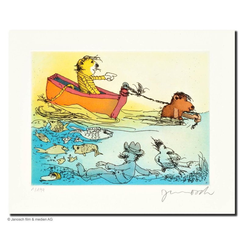 Original Bild "Da hinten liegt Amerika - in sieben Jahren sind wir da" von Janosch - Kunst mit Zertifikat kaufen