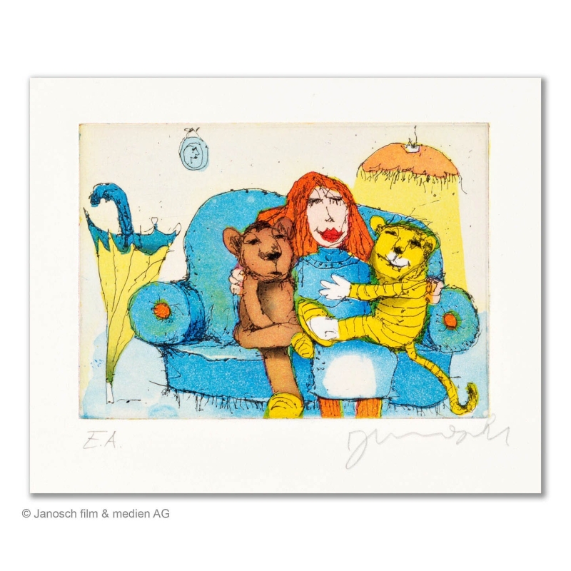 Original Bild "Da sassen Sie zusammen auf dem Sofa" von Janosch - Kunst mit Zertifikat kaufen