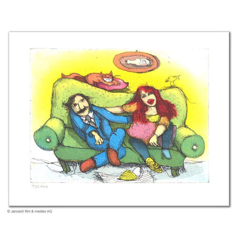 Original Bild "Das holde Paar auf dem grünen Sofa" von Janosch - Kunst mit Zertifikat kaufen