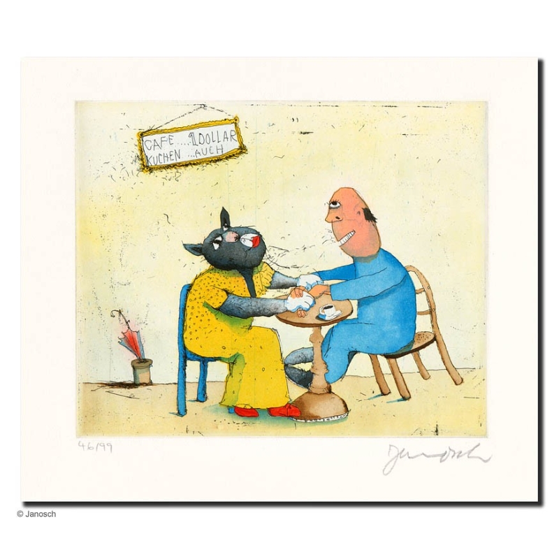 Original Bild "Frau Cafekatze" von Janosch - Kunst mit Zertifikat kaufen