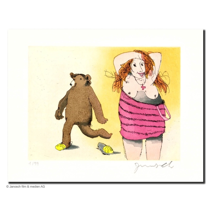 Original Bild "Frau mit Bär" von Janosch - Kunst mit Zertifikat kaufen