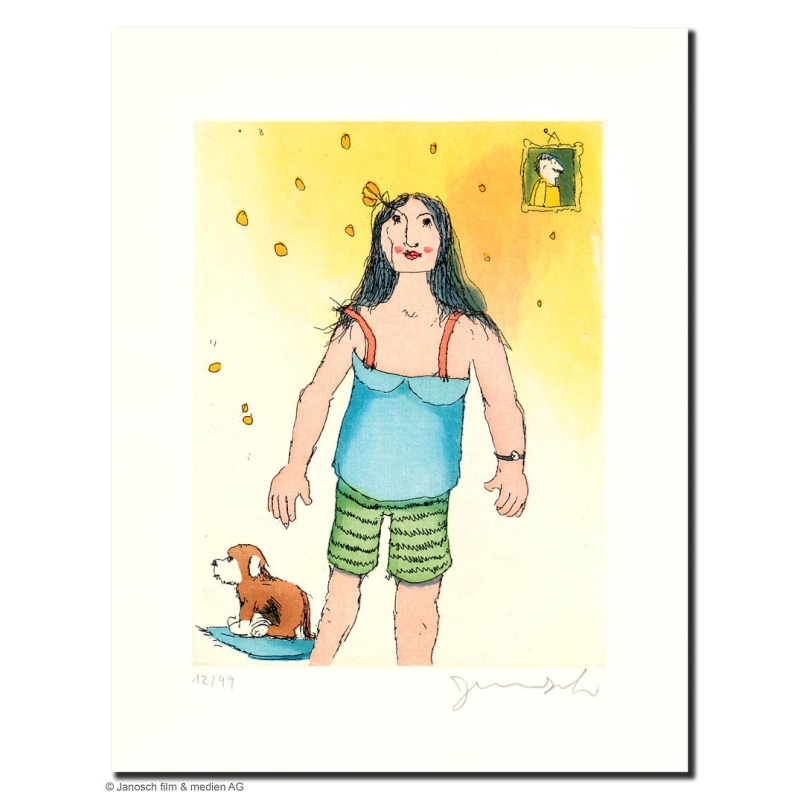 Original Bild "Frau mit Hund" von Janosch - Kunst mit Zertifikat kaufen