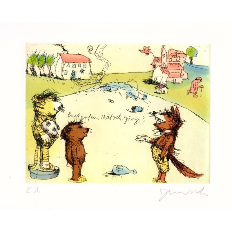Original Bild "Hallo Herr Fuchs wie geht´s denn so" von Janosch - Kunst mit Zertifikat kaufen