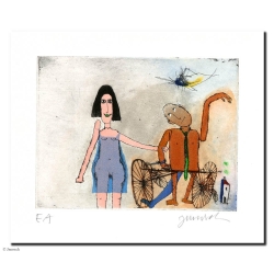 Original Bild "Ich und mein Mann Manni Manngold mit seinem Rad" von Janosch - Kunst mit Zertifikat kaufen