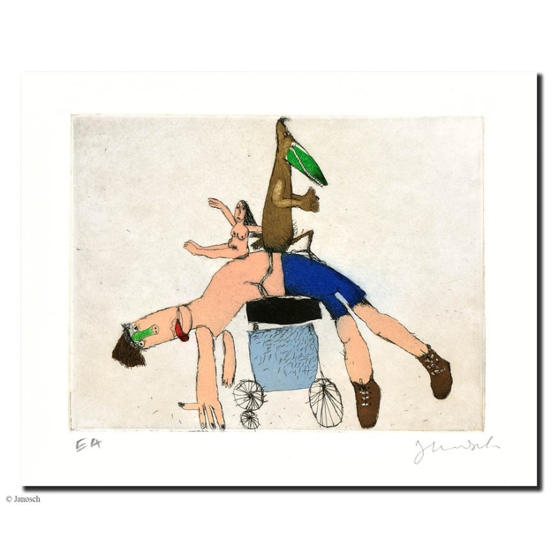 Original Bild "Radfahrer Alptraum" von Janosch - Kunst mit Zertifikat kaufen