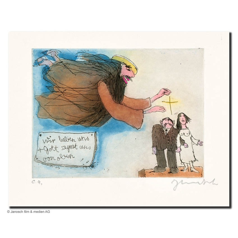 Original Bild "wir lieben uns + Gott segnet uns von Oben" von Janosch - Kunst mit Zertifikat kaufen