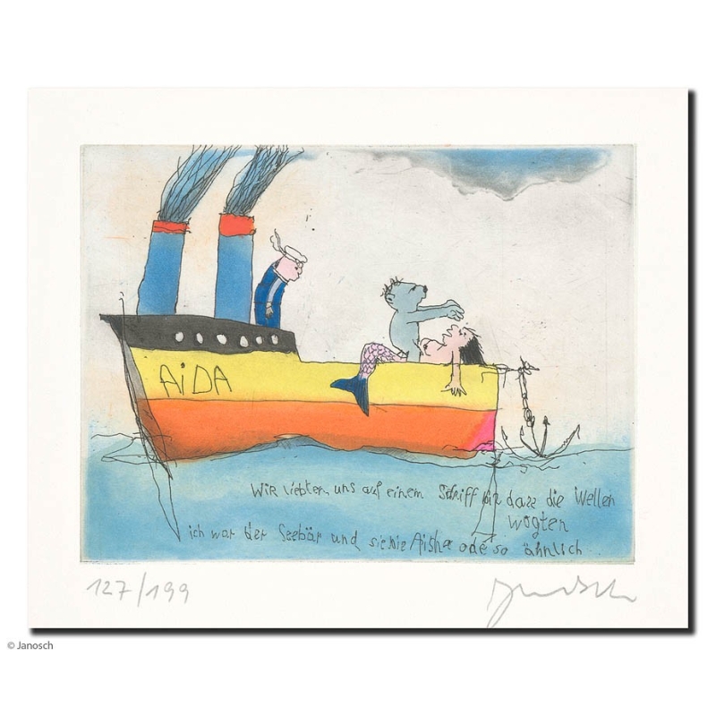 Original Bild "Wir liebten uns auf einem Schiff bis dass die" von Janosch - Kunst mit Zertifikat kaufen