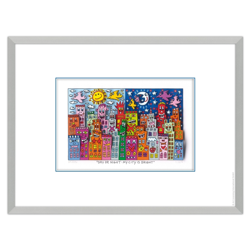 Ansicht im Rahmenbeispiel Alu-Seidenmatt: James Rizzi - Original 3D-Bild "Day or night - my city is bright", mit Zertifikat