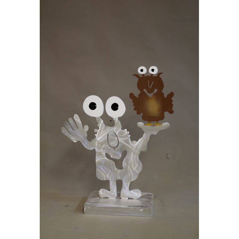 Patrick Preller "Gartenmonster mit Eule" Original Metall Skulptur