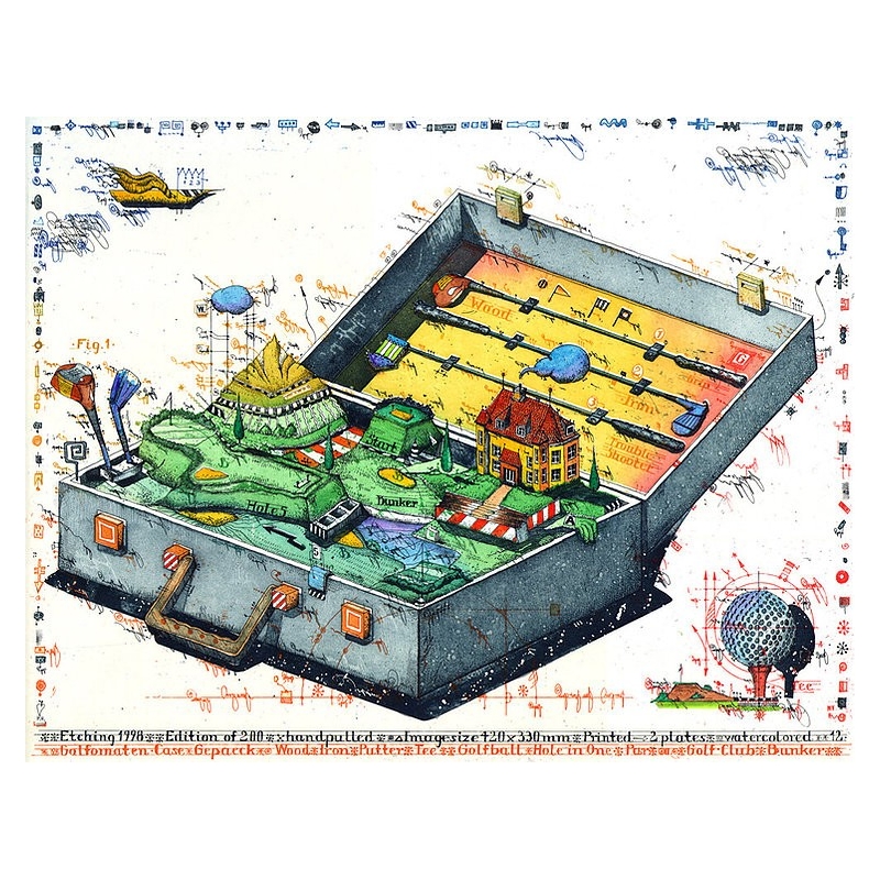 Original Bild vom Künstler Leslie G. Hunt "Golfomatengepäck" mit oder ohne Rahmen kaufen