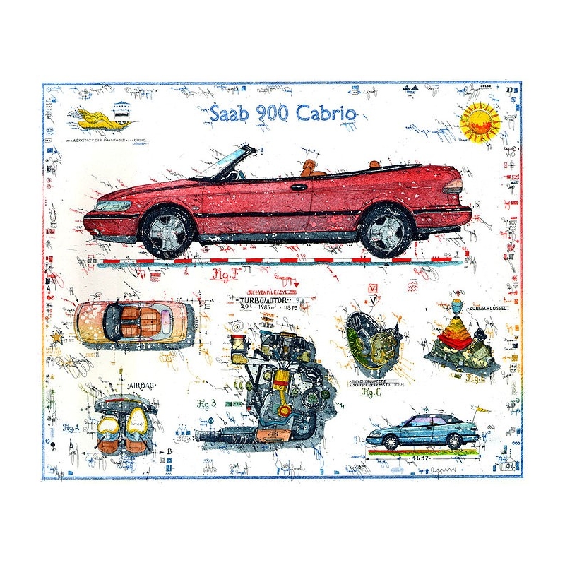Original Bild vom Künstler Leslie G. Hunt "Saab 900 Cabrio" mit oder ohne Rahmen kaufen