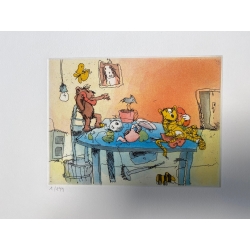 Original Bild "Sind Sie zu Hause, Herr Tiger?" von Janosch - Kunst mit Zertifikat kaufen