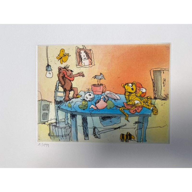 Original Bild "Sind Sie zu Hause, Herr Tiger?" von Janosch - Kunst mit Zertifikat kaufen