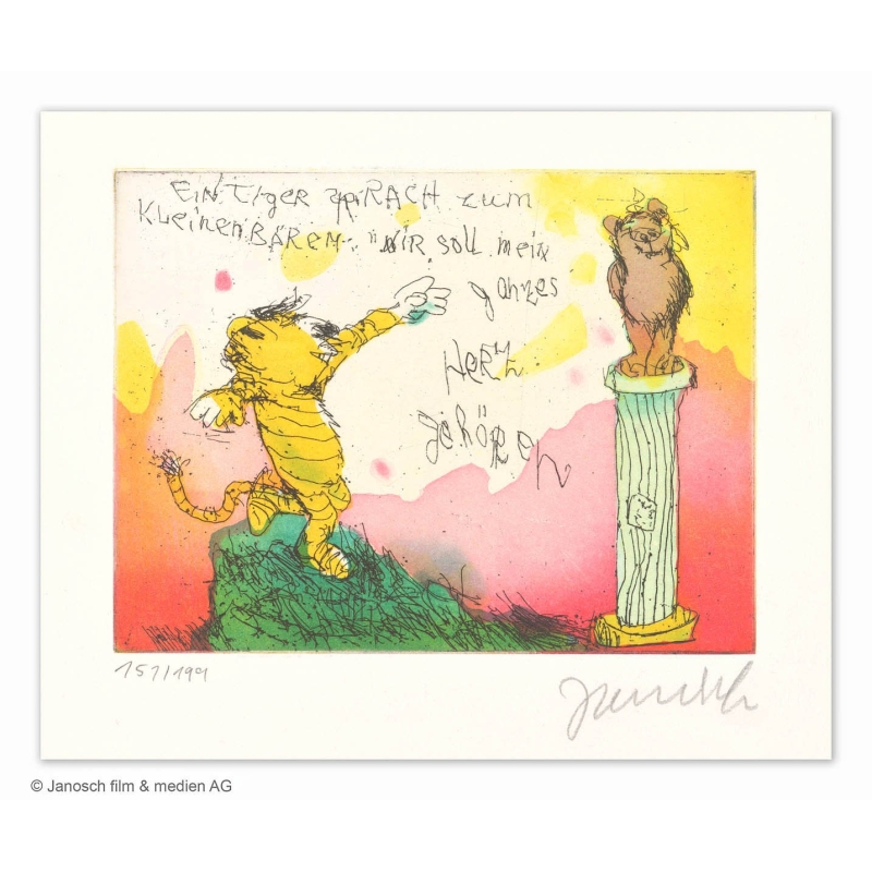 Original Bild "Ein Tiger sprach zum kleinen Bären, Dir soll mein ganzes Herz gehören" von Janosch - Kunst mit Zertifikat kaufen