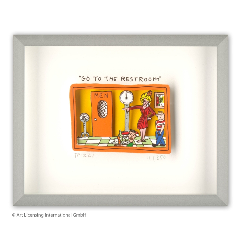 James Rizzi 3D-Bild "Go to the restroom" im Rahmen