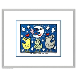 Rahmungsbeispiel Alu-Seidenmatt für: James Rizzi - THE BIRDS LOVE THE MOON mit Zertifikat