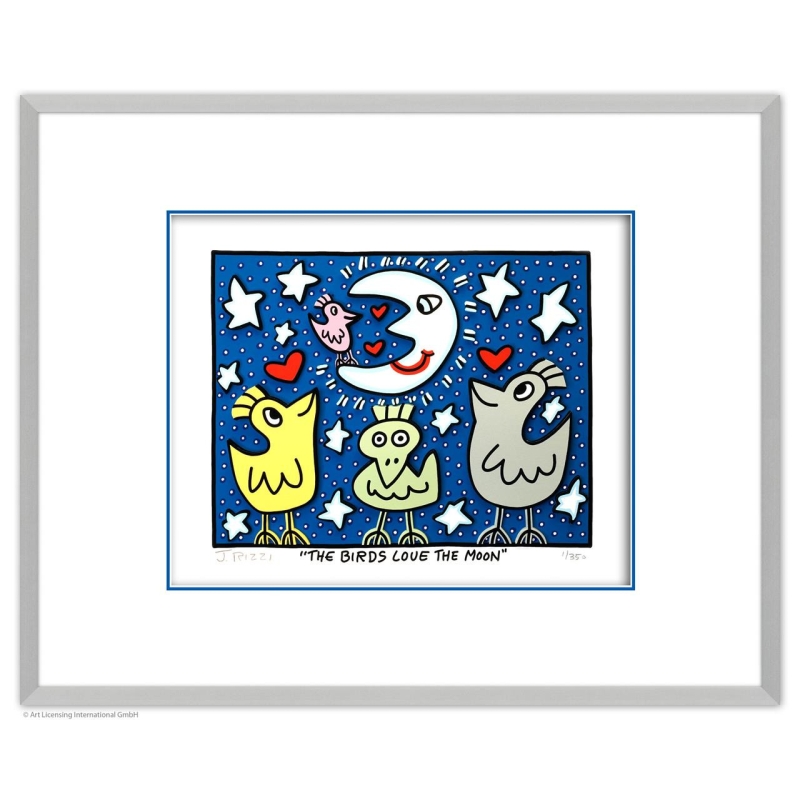 Rahmungsbeispiel Alu-Seidenmatt für: James Rizzi - THE BIRDS LOVE THE MOON mit Zertifikat
