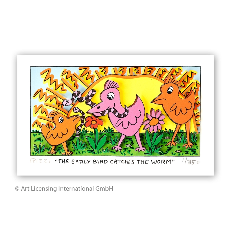 James Rizzi - THE EARLY BIRD CATCHES THE WORM, Original 3D- Bild mit Zertifikat