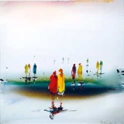Unikat: Gemälde von Paul Kaminski, "Menschen im Watt", ca. 90 x 90 cm