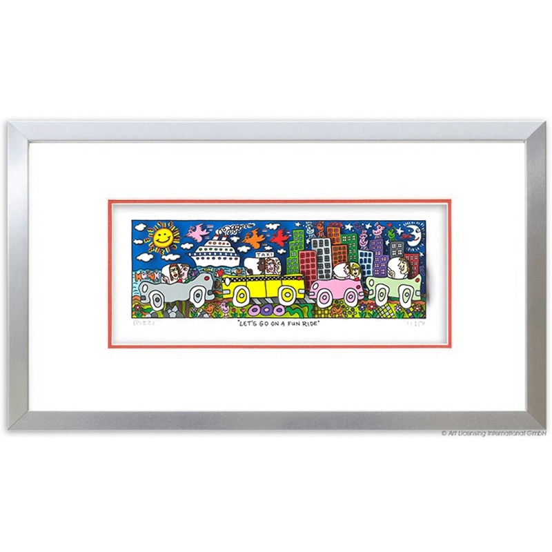Rahmungsbeispiel: Alu Seidenmatt - 3D Bild James Rizzi Original im Rahmen- Let´s go on a fun ride