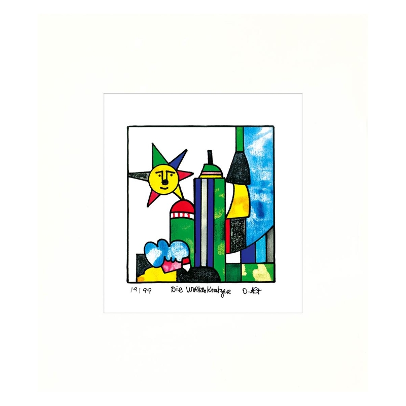 Darstellung mit Passepartout: Original Bild "Erinnerungen - Die Wolkenkratzer" von Otmar Alt mit Zertifikat