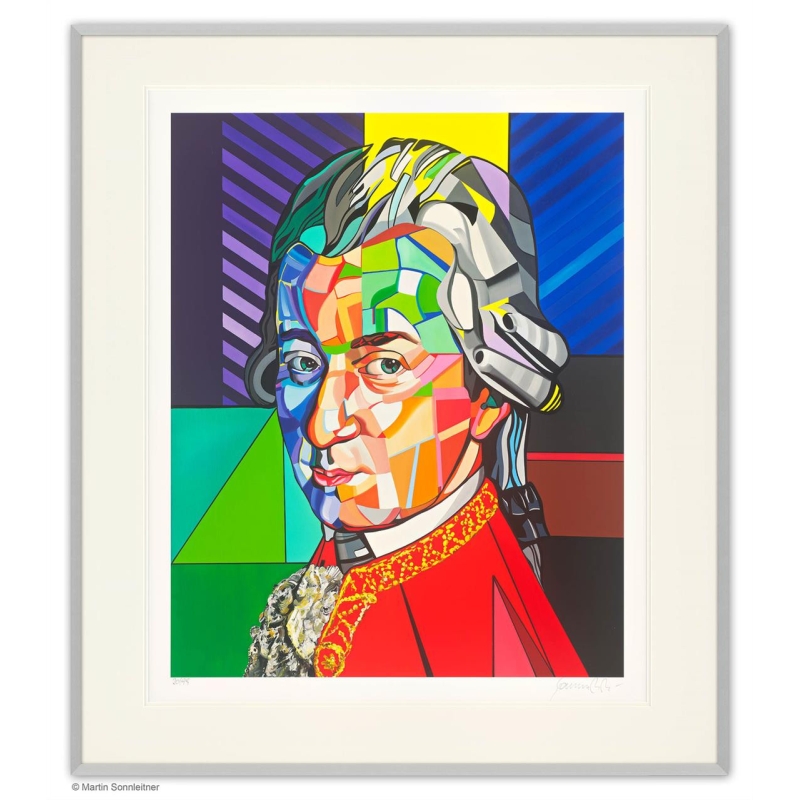 Rahmungsbeispiel Alu-Seidenmatt zu: Original Bild von Martin Sonnleitner "Mozart Pop" (Bütten) mit Zertifikat