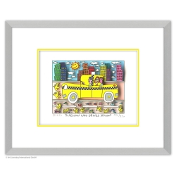 Rahmungsbeispiel Alu-Seidenmatt: James Rizzi - Original 3D Bild "A fellow who drives yellow" mit Zertifikat