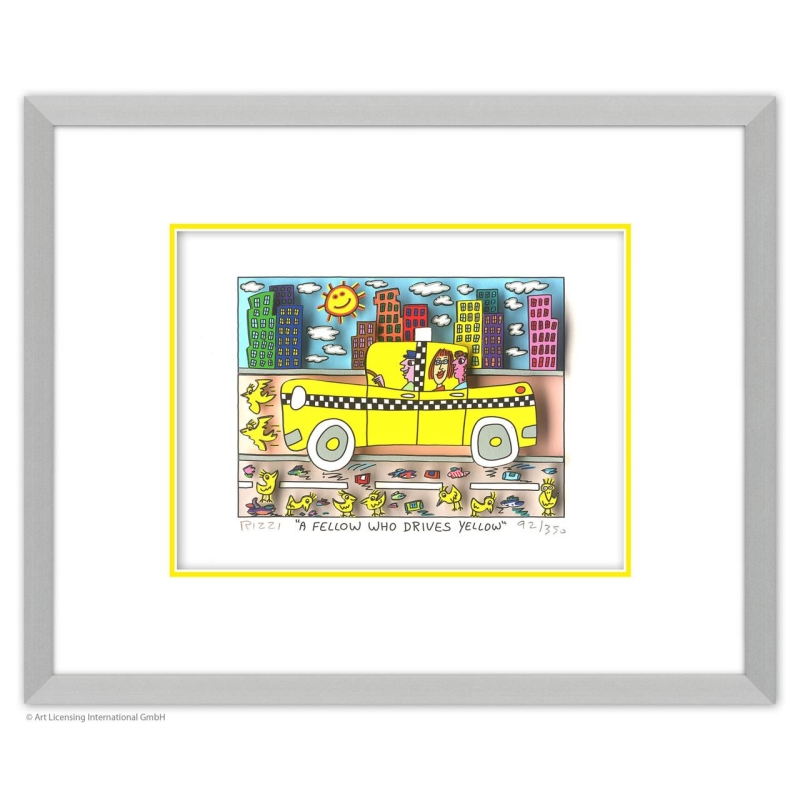 Rahmungsbeispiel Alu-Seidenmatt: James Rizzi - Original 3D Bild "A fellow who drives yellow" mit Zertifikat