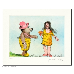 Original Bild "Ich liebe dich echt wahr (Bär mit rotem Hut)" von Janosch - Kunst mit Zertifikat kaufen