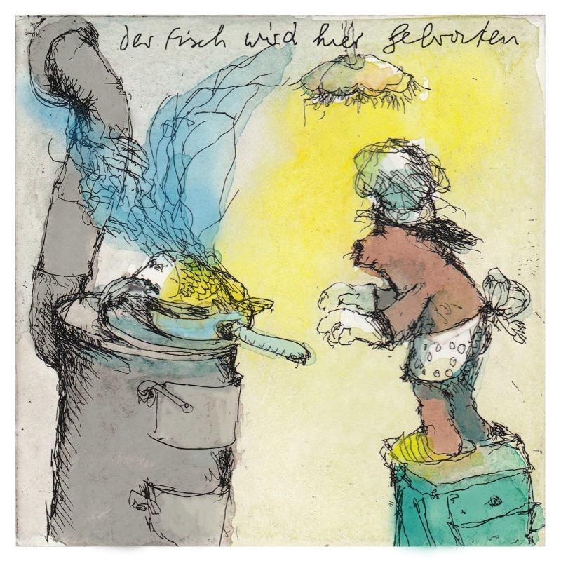 Original Bild "Der Fisch wird hier gebraten" von Janosch - Kunst mit Zertifikat kaufen