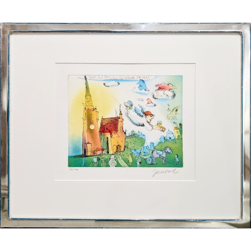 Original Janosch Radierung im Vergolderrahmen, Echtsilber auf Blau, Glanz, Perfekt Optik Glas