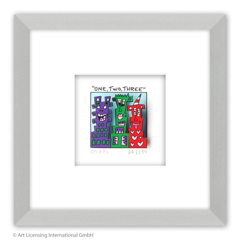 James Rizzi Original 3D Bild kaufen One, two, three | Ansicht mit Alu-Rahmen (nicht enthalten)