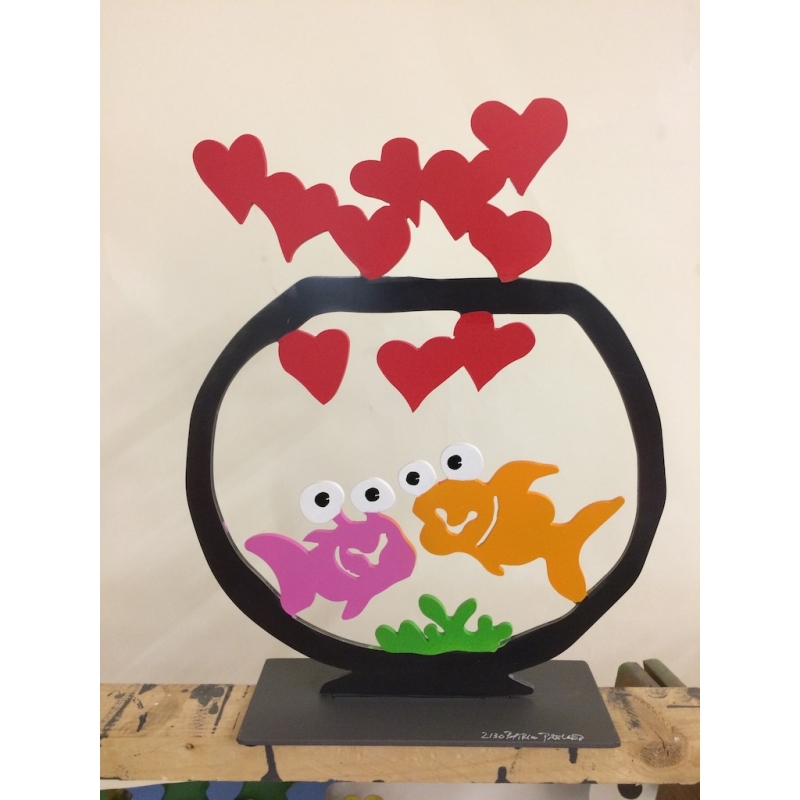 Patrick Preller "Aquarium mit drei Fischen" Original Metall Skulptur