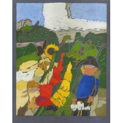 Original von Klaus Fußmann. Farblinolschnitt auf blauem Büttenpapier.