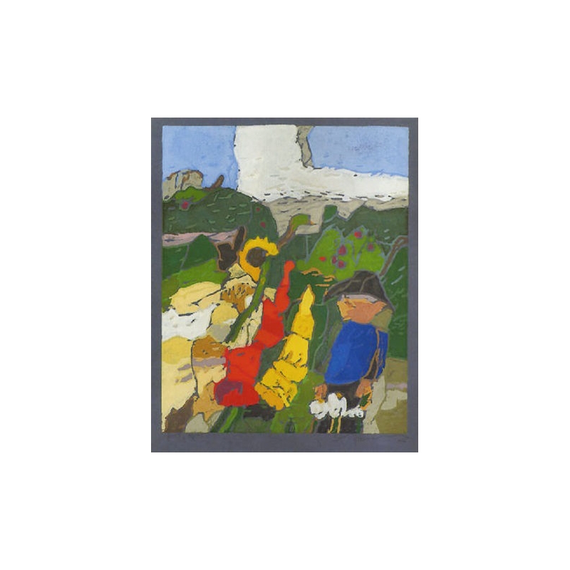 Original von Klaus Fußmann. Farblinolschnitt auf blauem Büttenpapier.