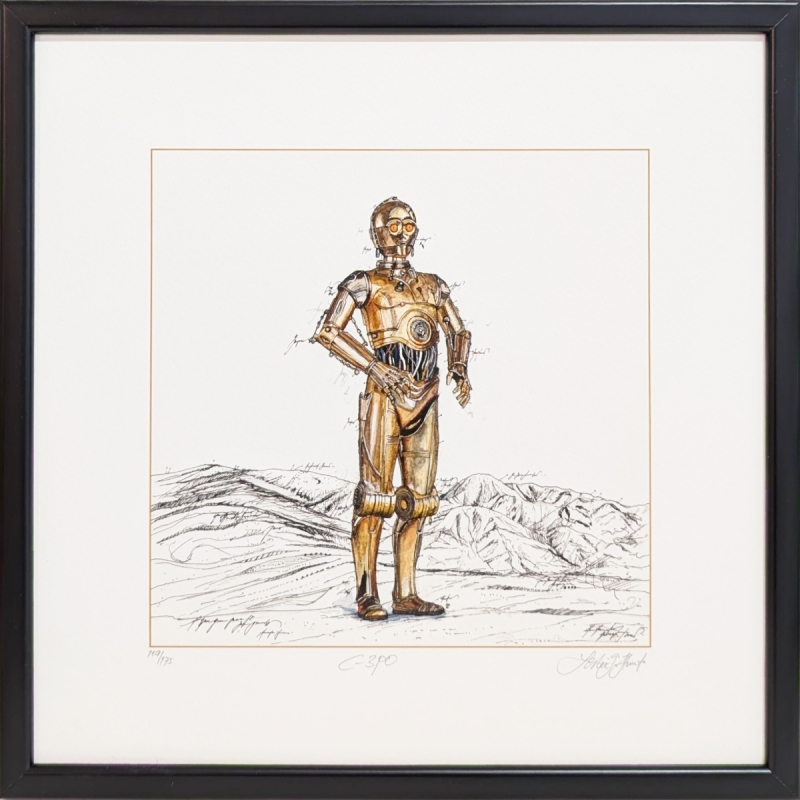 C 3PO ein Original von Leslie Hunt. Wählen Sie die Option schwarzer Holzrahmen für einen kompletten Look.