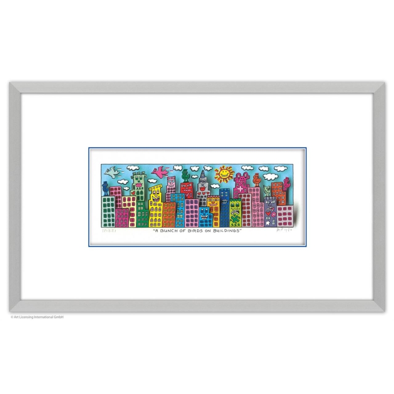 James Rizzi- 3D Original Bild: *  A BUNCH OF BIRDS ON BUILDINGS  *