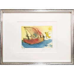 Janosch Radierung Original "Jetzt ist es nicht mehr weit nach Panama" mit silbernem Rahmen