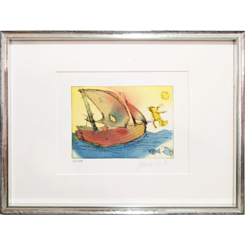 Janosch Radierung Original "Jetzt ist es nicht mehr weit nach Panama" mit silbernem Rahmen