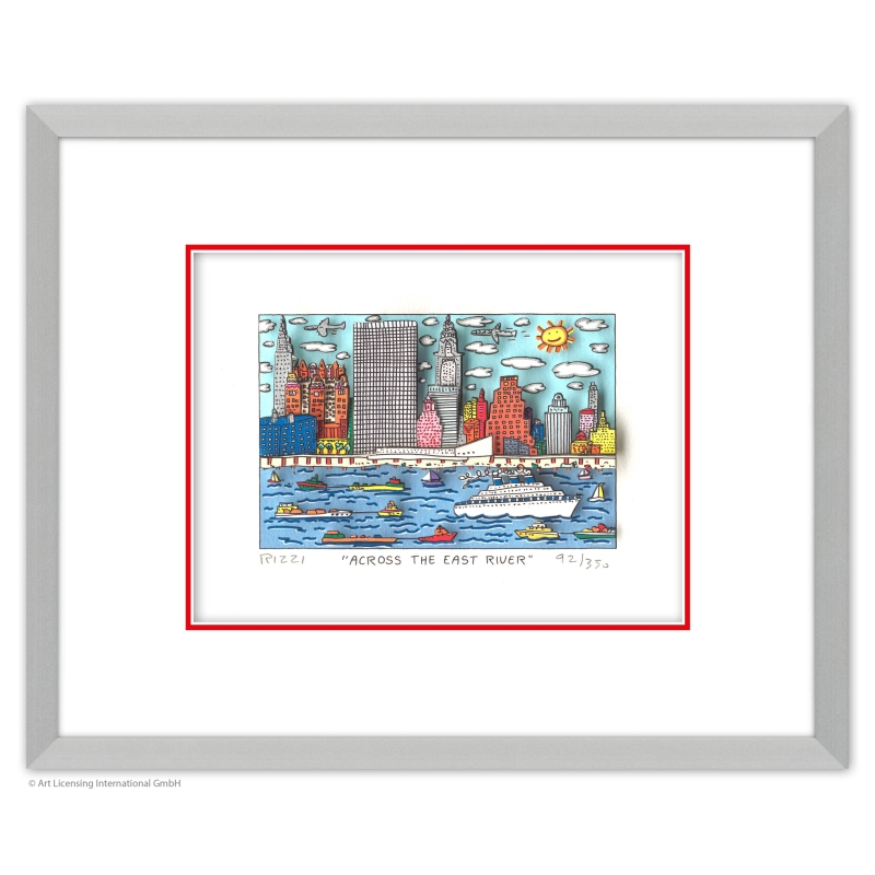 James Rizzi Original 3D Bild kaufen Across the East River Rahmenbeispiel Alu-Seidenmatt