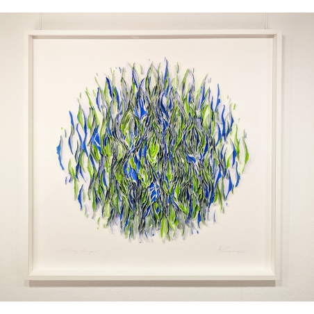 3D Papierobjekt „Klangkörper - blau grün 100x100 cm im Rahmen – Original von Gabriele Mierzwa