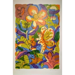 Michael Leu "Beach cat + smiling fish" Original Bild-Kunst